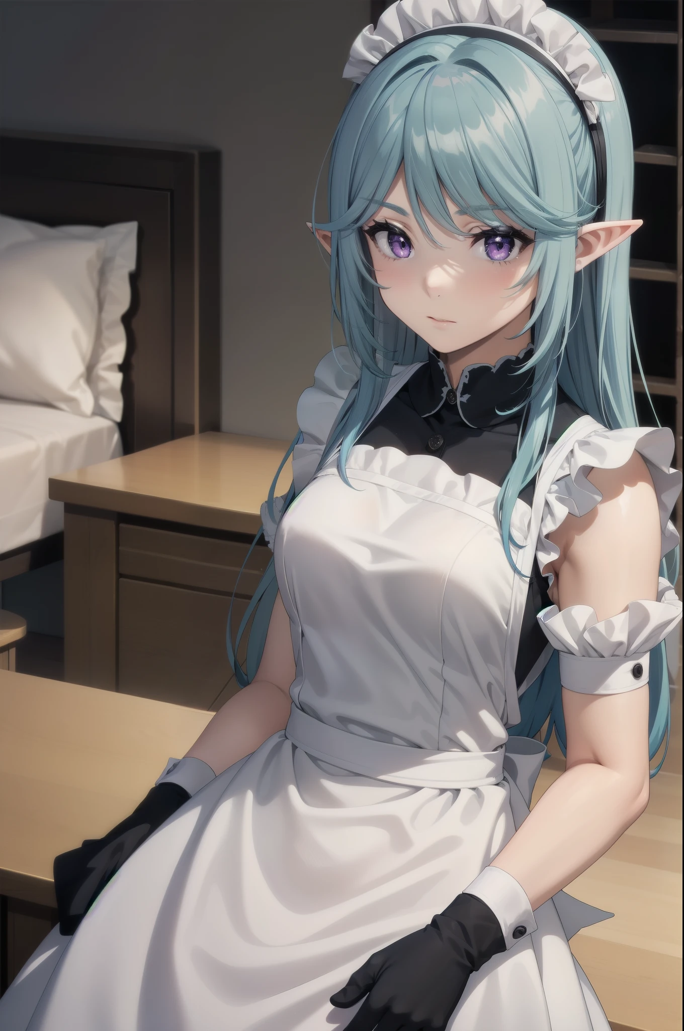 best quality, blue hair,,long hair,purple eyes,pointy ears,elf,,masterpiece, highres, solo, (maid:1.40), (long maid dress:1.15), anime_style, 14
