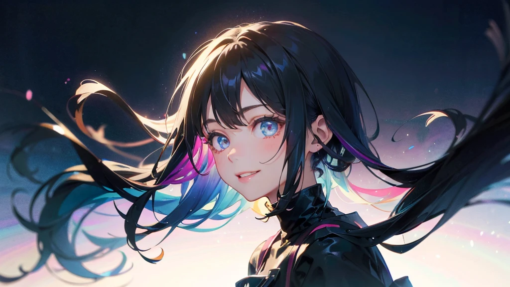 A 20-year-old female、black blue hair、Berry short hair、A bright smile、(High-top gradient:1.3)、dark theme、mute、Soft colors、High contrast、Background of the future city、(Natural skin texture、Surrealism、Soft Light、sharp)
