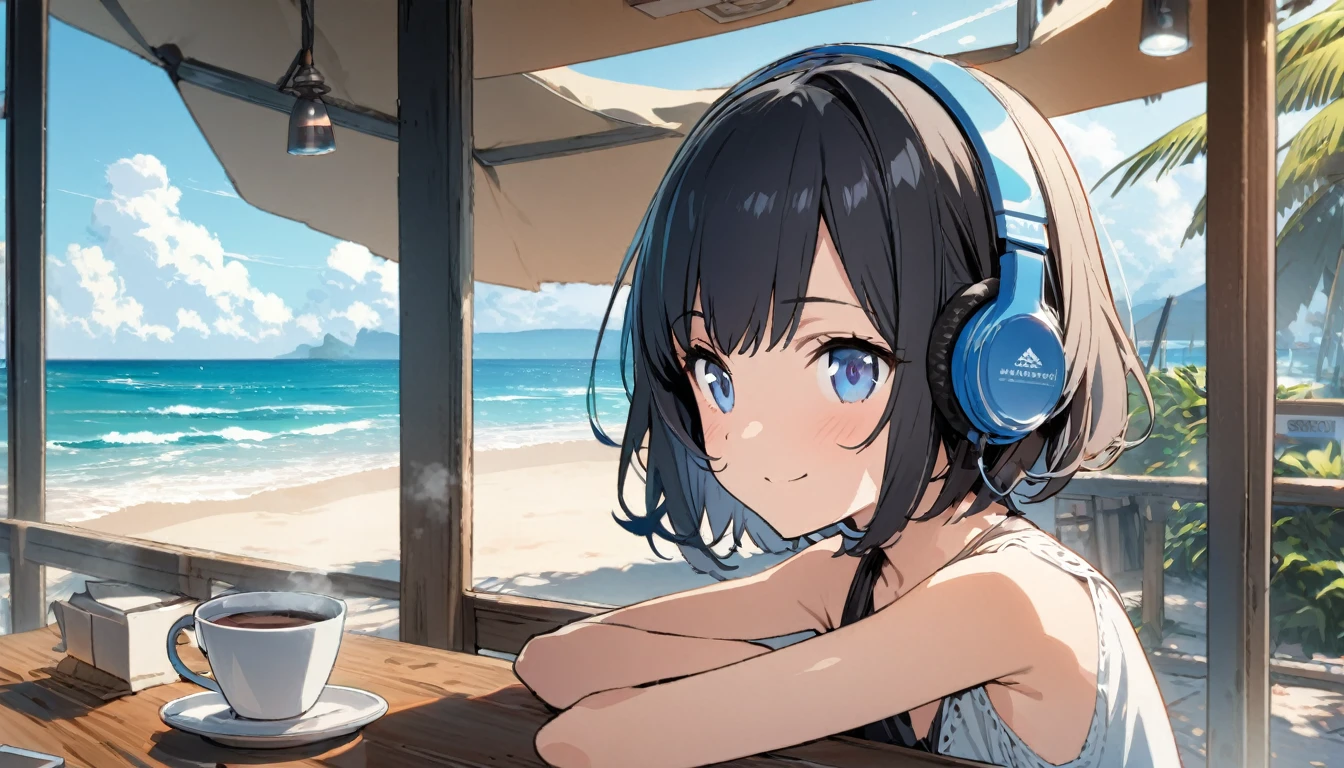 1girl, solo, gentle smile on her face flat chest, short hair, black hair, upper body, with blue eyes (detailed blue eyes)((masterpiece, illustration, best quality)) ((best quality)) In a beach coffee shop with her headphones on, se has a view of the coastline of the beach and the ocean while having some coffee