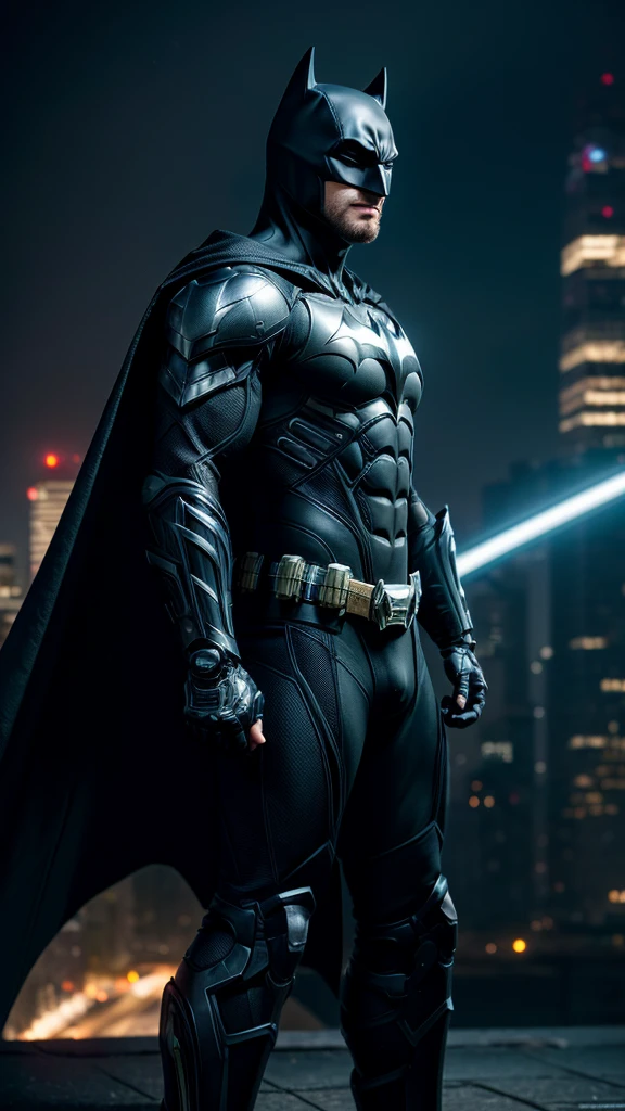 Masterpiece, best quality, NVIDIA RTX, sharp picture, ultra details, cinematic lightning, cybernetic batman:1.3, luminous, perfect face details, proportional body, facial hair, cape blown by strong winds:1.3, perfect side view, ((full body)), epic lights reflections, night