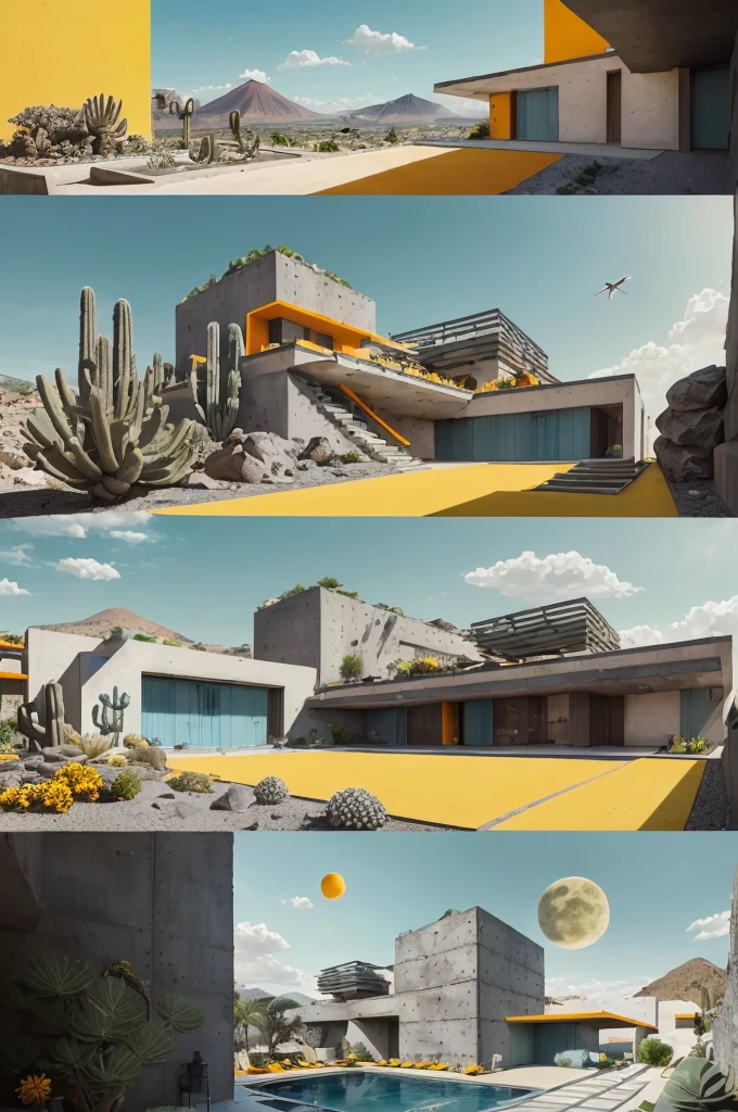 An illustration in collage style, with giant boulders, brutalist building sections, terraces, stairs, cacti, agave, concrete texture, multiple geometric shapes, hatch and cross hatching, planet saturn, volcano, moon, Luis Barragán's architectural style build, milky way galaxy, violet, one motorcycle, An illustration in collage style, with giant boulders, brutalist building sections, stairs, cacti, agave, concrete texture, multiple geometric shapes, hatch and cross hatching, planet saturn, volcano, moon, Luis Barragán's architectural style build, reflective pool, terraces. An elegant and modern build, in top of big boulders, with terraces, materials concrete, wood, steel and crystal, various gardens with tropical vegetation, cacti and rocks, stairs, a pool. In middle of sea, a big wave near, sunset, mountains and a volcano in the horizont, cute islands around, illustration format, cute color palette, detailed, masterpiece, award-winning work, clouds, Illustration, a garden with abundant cacti, ((various organic sculptures)), ((big rocks)), (((multiple sectionsAn illustration in collage style, with giant boulders, brutalist building sections, terraces, stairs, cacti, agave, concrete texture, multiple geometric shapes, hatch and cross hatching, planet saturn, volcano, moon, Luis Barragán's architectural style build, milky way galaxy, violet, one motorcycle, An illustration in collage style, with giant boulders, brutalist building sections, stairs, cacti, agave, concrete texture, multiple geometric shapes, hatch and cross hatching, planet saturn, volcano, moon, Luis Barragán's architectural collage style, detailed, (((color palette (olive green), (Mustard orange), cool grey, ((blue)), black and white))), (((a lot Luis barragán's architecture style builds))) big clouds, volcano in horizon, stairs, in the desert. ((masterpiece, best quality)),illustration,ultra detailed 8k, ((Ori Toor visual style)),soviet, megabuildings, megastructures, buildings, organic steel sculpture