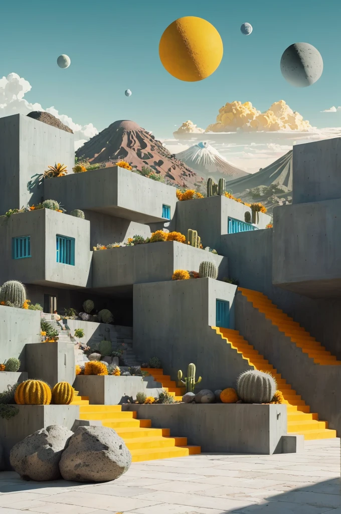 An illustration in collage style, with giant boulders, brutalist building sections, terraces, stairs, cacti, agave, concrete texture, multiple geometric shapes, hatch and cross hatching, planet saturn, volcano, moon, Luis Barragán's architectural style build, milky way galaxy, violet, one motorcycle, An illustration in collage style, with giant boulders, brutalist building sections, stairs, cacti, agave, concrete texture, multiple geometric shapes, hatch and cross hatching, planet saturn, volcano, moon, Luis Barragán's architectural style build, reflective pool, terraces. An elegant and modern build, in top of big boulders, with terraces, materials concrete, wood, steel and crystal, various gardens with tropical vegetation, cacti and rocks, stairs, a pool. In middle of sea, a big wave near, sunset, mountains and a volcano in the horizont, cute islands around, illustration format, cute color palette, detailed, masterpiece, award-winning work, clouds, Illustration, a garden with abundant cacti, ((various organic sculptures)), ((big rocks)), (((multiple sectionsAn illustration in collage style, with giant boulders, brutalist building sections, terraces, stairs, cacti, agave, concrete texture, multiple geometric shapes, hatch and cross hatching, planet saturn, volcano, moon, Luis Barragán's architectural style build, milky way galaxy, violet, one motorcycle, An illustration in collage style, with giant boulders, brutalist building sections, stairs, cacti, agave, concrete texture, multiple geometric shapes, hatch and cross hatching, planet saturn, volcano, moon, Luis Barragán's architectural collage style, detailed, (((color palette (olive green), (Mustard orange), cool grey, ((blue)), black and white))), (((a lot Luis barragán's architecture style builds))) big clouds, volcano in horizon, stairs, in the desert. ((masterpiece, best quality)),illustration,ultra detailed 8k, ((Ori Toor visual style)),soviet, megabuildings, megastructures, buildings, organic steel sculpture