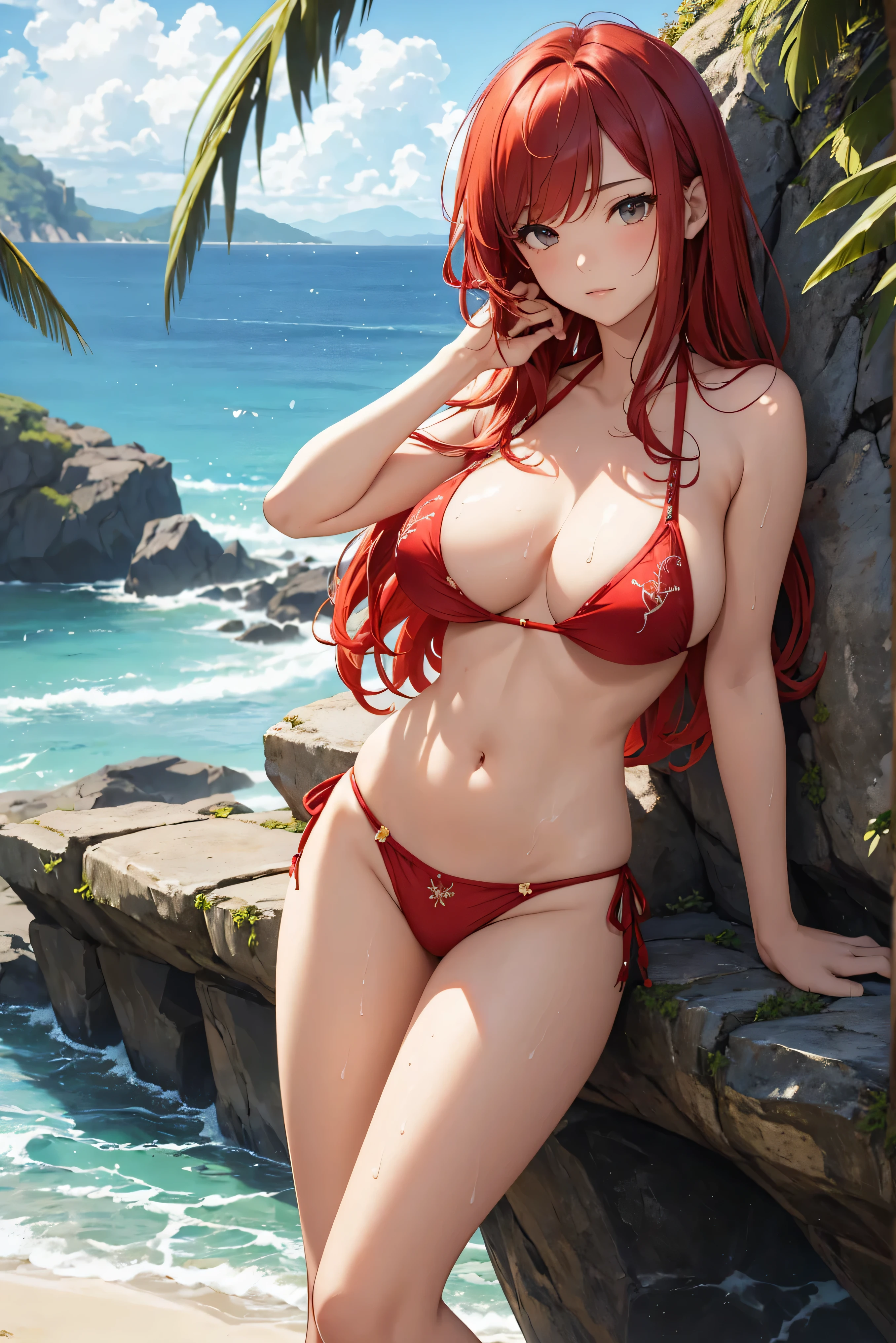 masterpiece、Background with((sea side、sand beach))、 student、a beauty girl、Red hair、huge tit、Detailed embroidery on the bikini、 Get on your knees、Open your crotch、sexypose、perspiring、Hair wetness