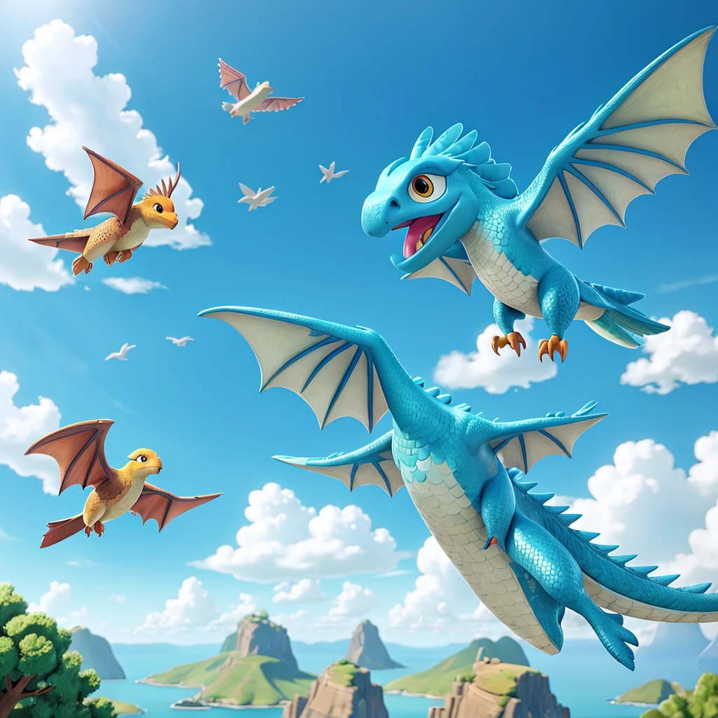 A drawing of a bird flying with a dragon in the clouds