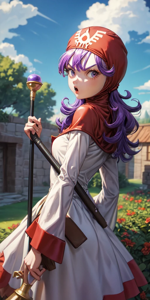 masterpiece, best quality, dqPom, red hood, purple hair, robe, cowboy shot, standing, holding staff, sky, garden, looking at viewer, from below, angry 