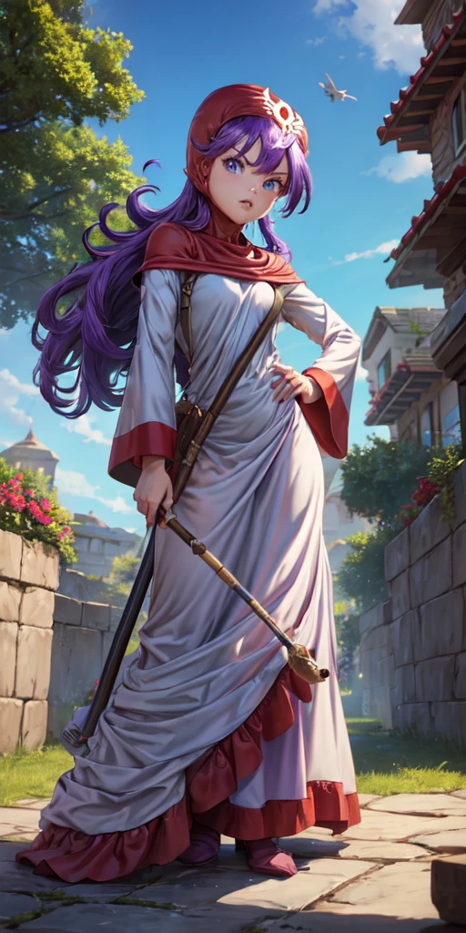 masterpiece, best quality, dqPom, red hood, purple hair, robe, cowboy shot, standing, holding staff, sky, garden, looking at viewer, from below, angry 