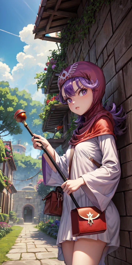 masterpiece, best quality, dqPom, red hood, purple hair, robe, cowboy shot, standing, holding staff, sky, garden, looking at viewer, from below, angry 