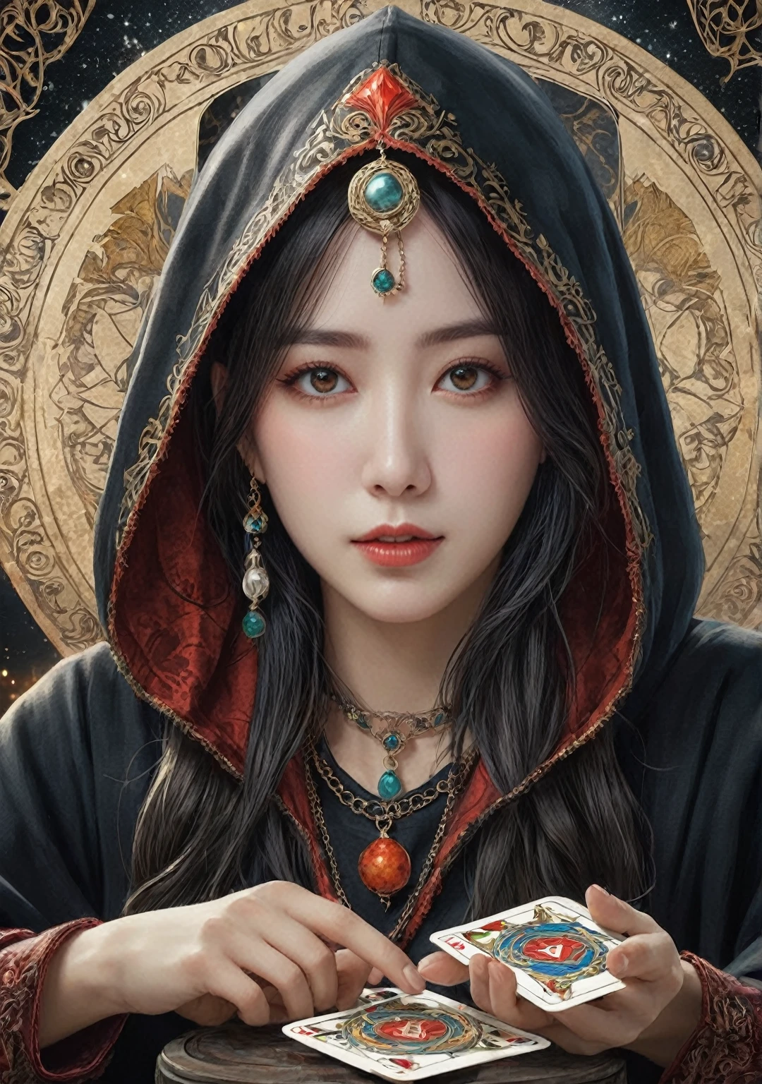Best image quality, 4K or 8K resolution. Extremely detailed and realistic, Almost photorealistic. Female fortune teller. Body and face orientation: front. Charm, Beautiful and mysterious.onmyoji,Metal Photo Frame,card,tarot cards:1.37.A mysterious hooded fortune teller,Finger taps an array of tarot cards in the air,Mystical symbols and elements,Ancient and mysterious atmosphere,Realistic illustrations and intricate details,Vibrant and energetic composition,Dark Style,Gothic style