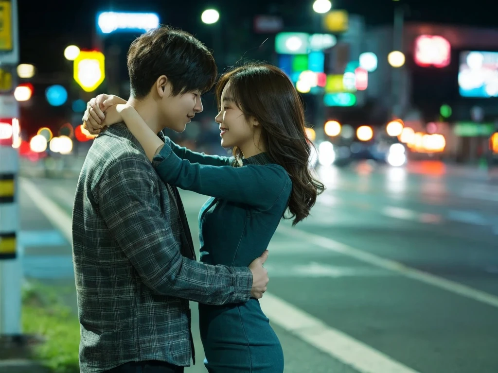 A striking, ultra-detailed image of a young Korean couple strolling hand-in-hand on a bustling night street. The man is dressed in a cozy flannel shirt,
while the woman is clad in a stylish, form-fitting dress. The city lights and traffic signals illuminate their surroundings, casting a warm, inviting glow. The couple's expressions convey a deep connection and passion, as they share a tender moment in the vibrant urban setting.