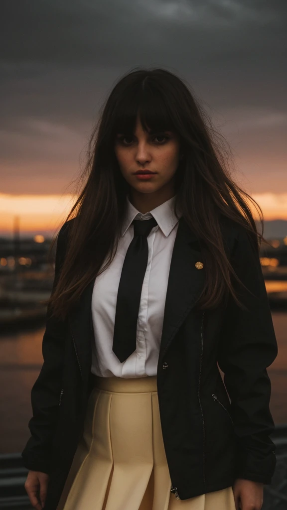 a detailed portrait of a beautiful young woman with long dark floating hair and bangs, wearing a black jacket over a white shirt, a yellow tie, and a black skirt, in a dramatic cinematic lighting with dark shadows and intense highlights, set against a cityscape background with a sunrise sky and sunbeam effects, extremely detailed facial features and eyes, masterpiece, best quality, 8k, ultra-detailed, photorealistic, dramatic lighting, warm golden tones, moody atmosphere