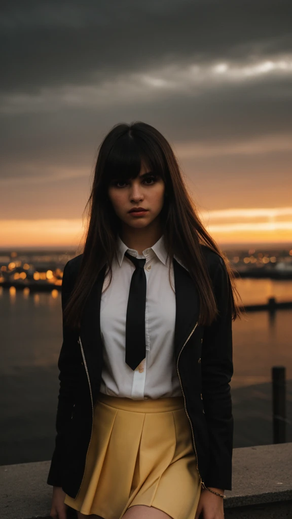 a detailed portrait of a beautiful young woman with long dark floating hair and bangs, wearing a black jacket over a white shirt, a yellow tie, and a black skirt, in a dramatic cinematic lighting with dark shadows and intense highlights, set against a cityscape background with a sunrise sky and sunbeam effects, extremely detailed facial features and eyes, masterpiece, best quality, 8k, ultra-detailed, photorealistic, dramatic lighting, warm golden tones, moody atmosphere