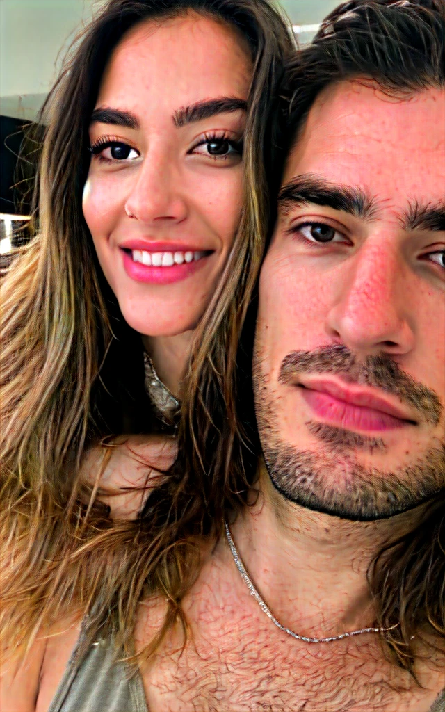 generate a high-quality realistic image of a couple's face, smiling at a celebration. The image must be detailed, with neutral lighting, generic background , with a smiling facial expression, so they can be easily adjusted and improved in Photoshop. Furthermore, Include natural imperfections on faces (like pimples, freckles, stains), nothing exaggerated so I can edit these details in photoshop. These images will be used for editing in a portfolio, so it is important that they are well defined and have high resolution