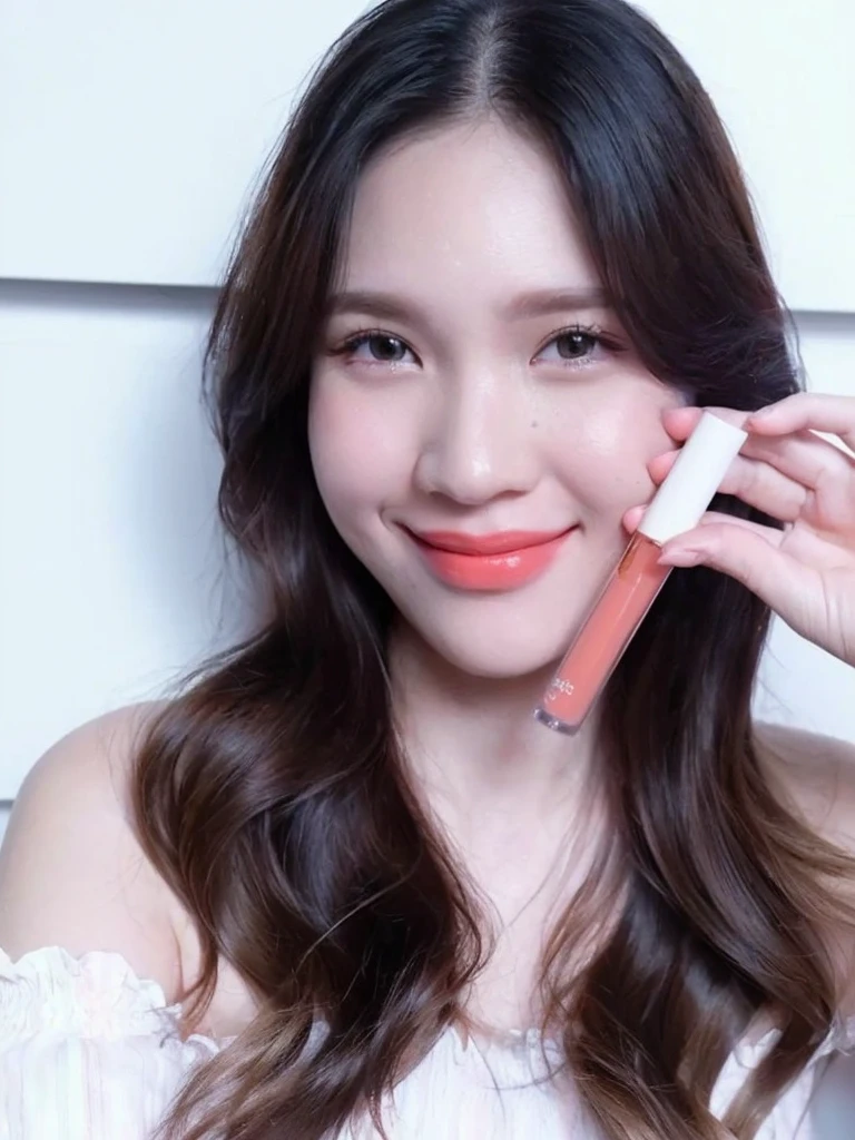 woman holding a lip bale in front of her face, lipgloss, putting on lipgloss, coral lipstick, eora, (light orange mist), 8k)), Use the original lipstick, do not render lipstick, cool and bright tint, glowing peach face