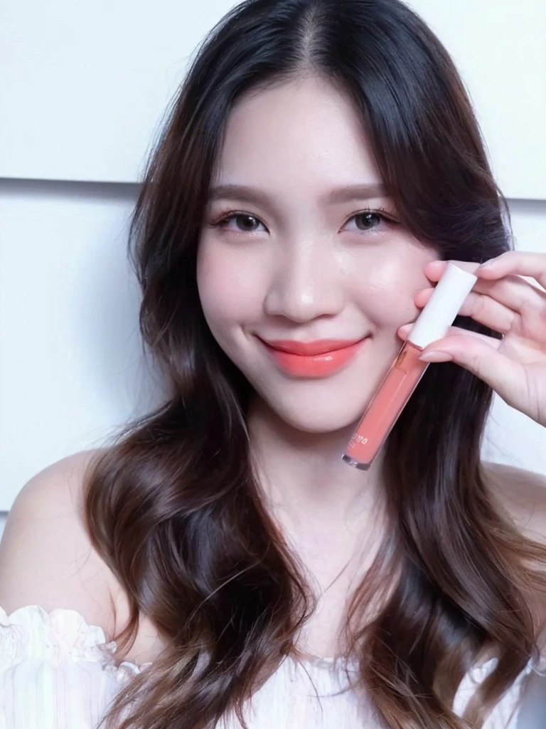 woman holding a lip bale in front of her face, lipgloss, putting on lipgloss, coral lipstick, eora, (light orange mist), 8k)), Use the original lipstick, do not render lipstick, cool and bright tint, glowing peach face