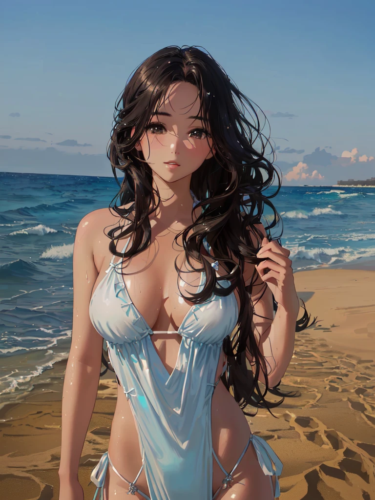 a beautiful anime girl with wavy hair in a swimsuit on the beach at evening, highly detailed, anime style, (best quality,4k,8k,highres,masterpiece:1.2),ultra-detailed,(realistic,photorealistic,photo-realistic:1.37),beautiful detailed eyes,beautiful detailed lips,extremely detailed face,longeyelashes,detailed swimsuit,detailed beach scenery,colorful sunset sky,ocean waves,sand,palm trees