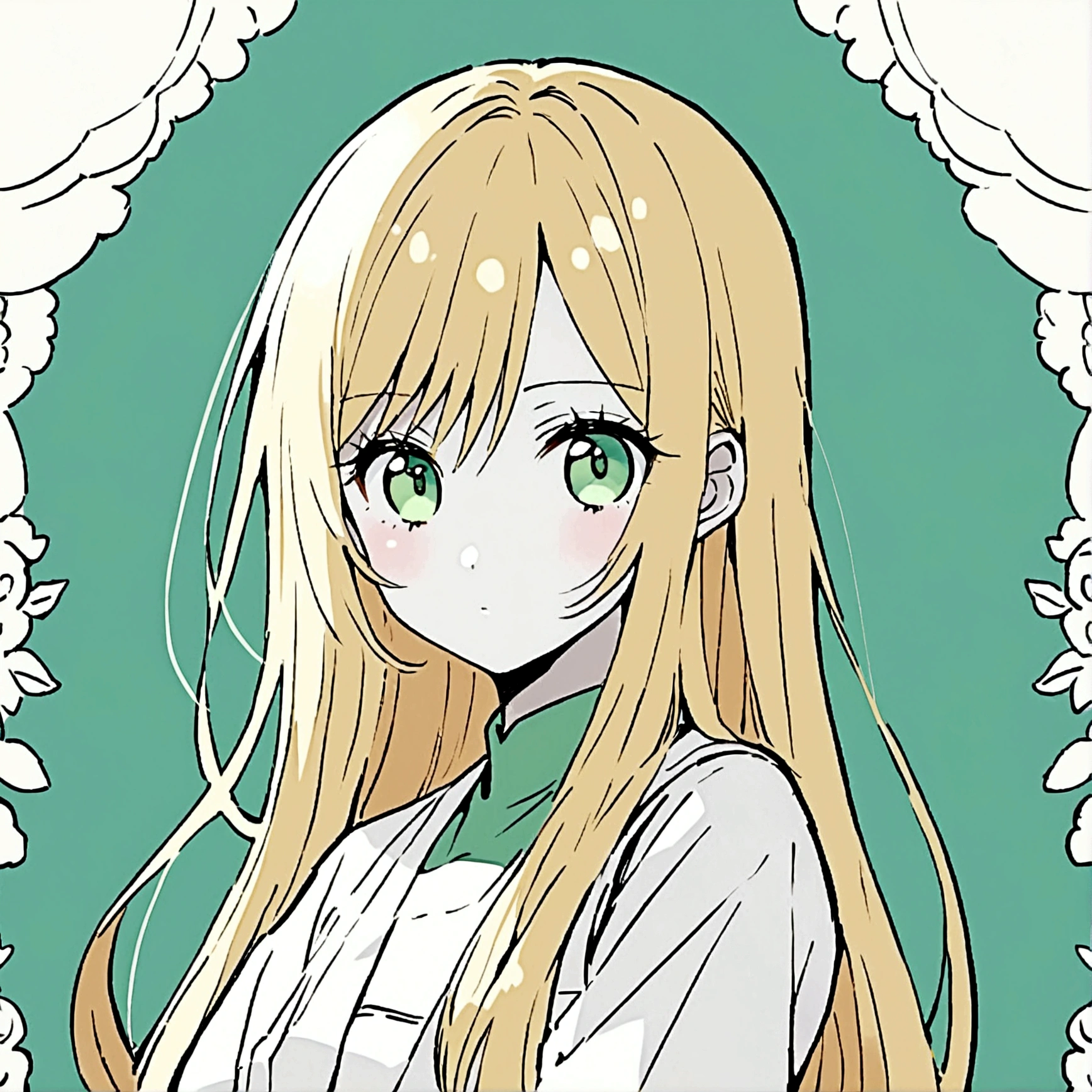 Female character with drawing style by Ai Yazawa (Creator of Mangas like Nana or Paradise Kiss) with long straight blonde hair, grayish green eyes, white clothes, pale skin and slim build.