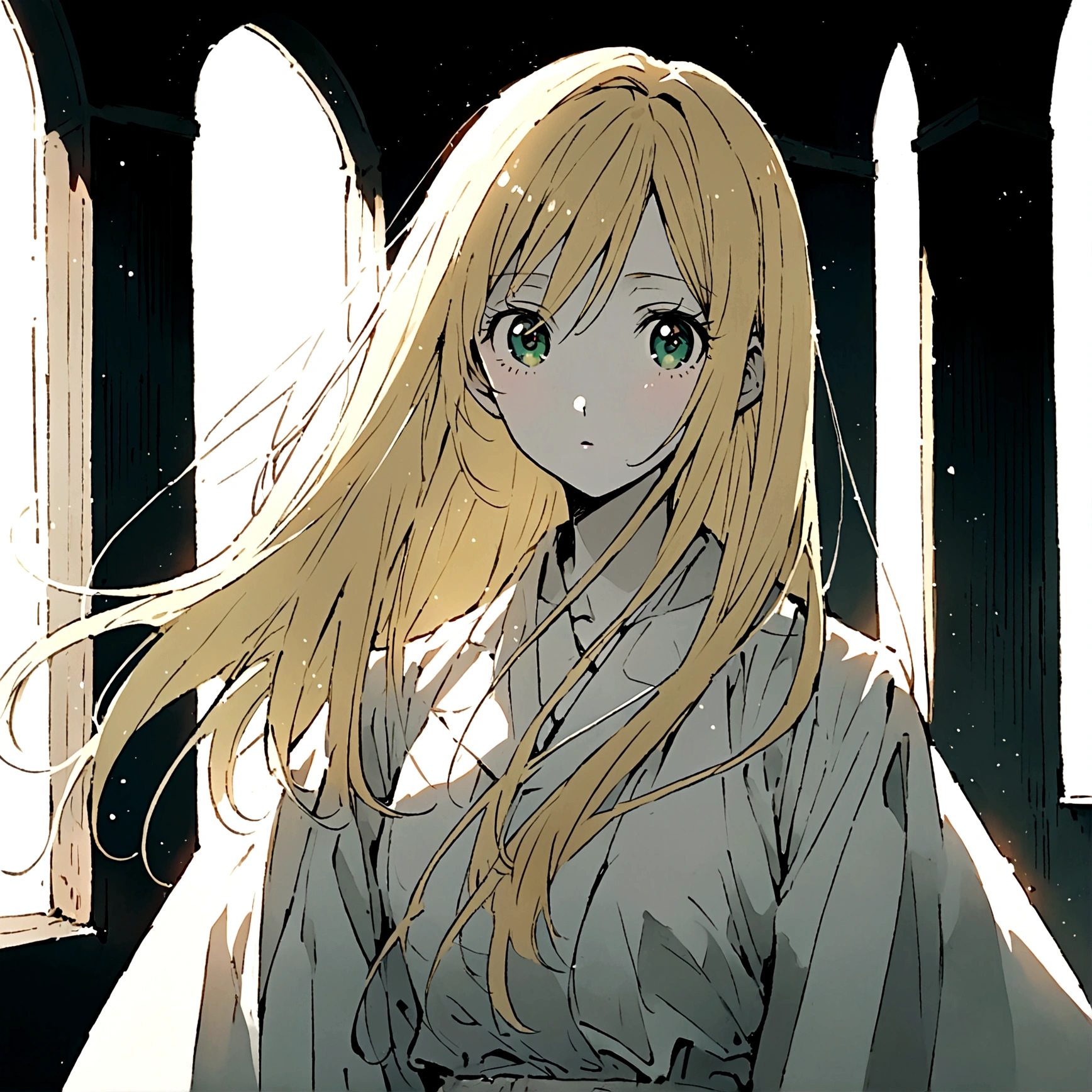 Female character with drawing style by Ai Yazawa (Creator of Mangas like Nana or Paradise Kiss) with long straight blonde hair, grayish green eyes, white clothes, pale skin and slim build.