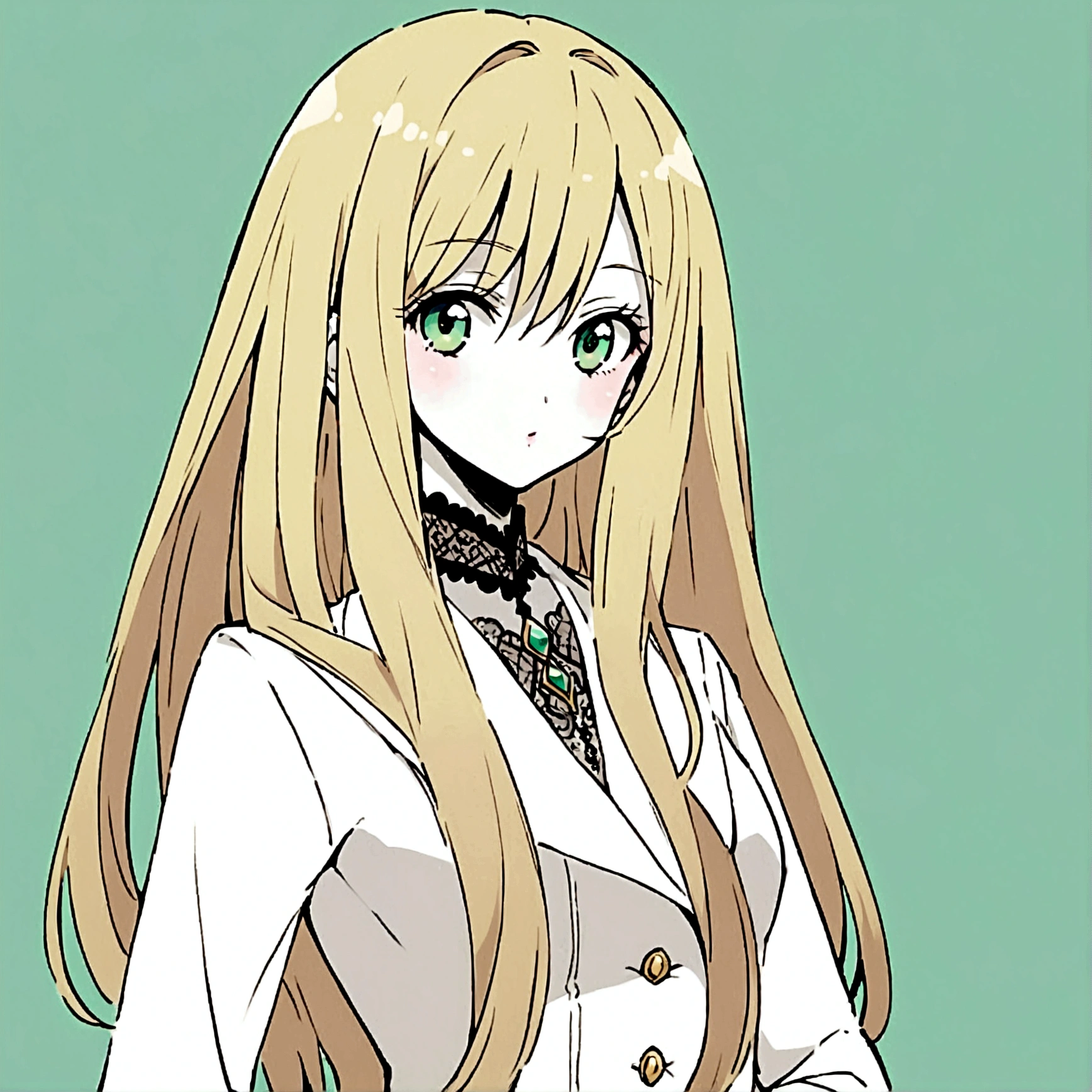 Female character with drawing style by Ai Yazawa (Creator of Mangas like Nana or Paradise Kiss) with long straight blonde hair, grayish green eyes, white clothes, pale skin and slim build.