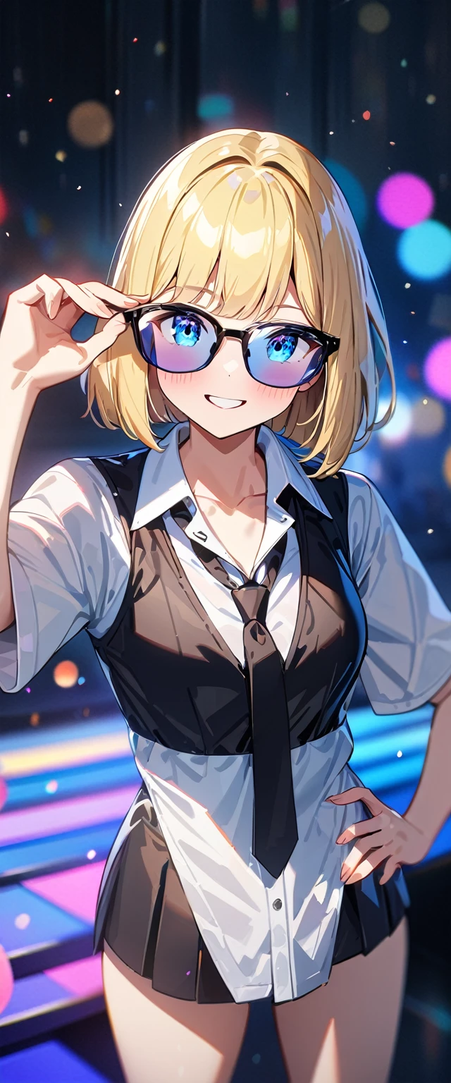(((One Girl))), Blonde, Bobcut, (Cowboy Shot), ((sunglasses, hand to sunglasses)), (View your viewers), Focus on the face, teenager, Tilt your head:1.3, (((blue eyes))), ((Smile)), ((blush)), Contrasting, Place one hand on hip, (((Exposed clothing))), School summer clothes, (((Open collar))), White shirt, ((Black tie under the waistcoat)), skirt, Black vest, Anime Style, (Highest quality, 4K, 8K, High resolution, masterpiece:1.2, Super detailed, Super detailed eyes, High resolution, 超High resolution, Studio Lighting, Ultra-fine painting, Sharp focus, Physically Based Rendering, Very detailed explanation, Professional, Vibrant colors, Bokeh)