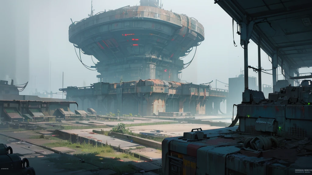 detailed futuristic abandoned cosmodrome, top-down view, cyberpunk futuristic RPG scene, highly detailed, cinematic lighting, intricate machinery, dilapidated structures, neon lights, grungy textures, moody atmosphere, dramatic shadows, weathered surfaces, complex architectural design, overgrown vegetation, derelict technology, moody color palette, dramatic camera angle, photorealistic, 8k, best quality, masterpiece