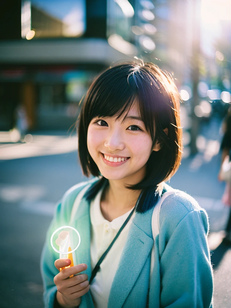 Japan women, a smile、barechested、tiny chest、Young Face, bob cut hair, morning, Window on the street, Incomplete details, Shot with Leica, analogue, 35 mm:: (Artistic light leakage:1.4), Lens Flare::4 - Style Raw - AR 2:3 --s 150 --c 4