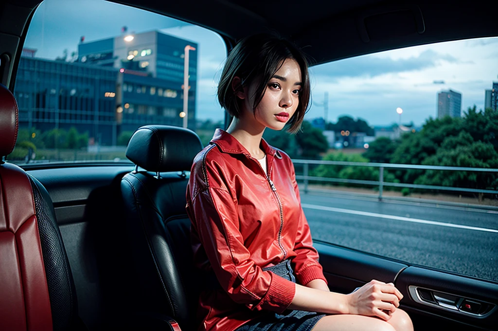 （RAW Photos，Highest quality，masterpiece：1.2），High-definition RAW color photos，Professional photos，（Realistically，Photo Real：1.37），Cinematic light，The short-haired girl looked out the window.，Sit in the back seat, car, cloudy day，night，rain, rainが窓を叩いた，都市のnight景，Neon Light, Medium shot scenes，Cinematic composition, Side light, interior