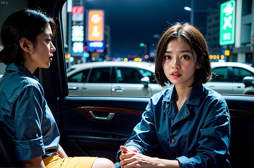 (RAW Photos,Highest quality,masterpiece:1.2),High-definition RAW color photos,Professional photos,(Realistically,Photo Real:1.37),Cinematic light,The short-haired girl looked out the window.,Sit in the back seat, car, cloudy day,night,rain, rainが窓を叩いた,都市のnight景,Neon Light, Medium shot scenes,Cinematic composition, Side light, interior