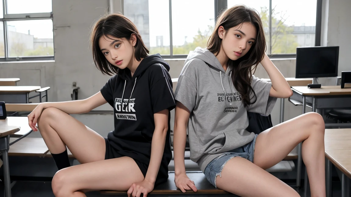 deux femmes ensemble de 18 ans sexy et mince , gray short sleeve hoodie , salle de classe, se touche,position sey,sensuel