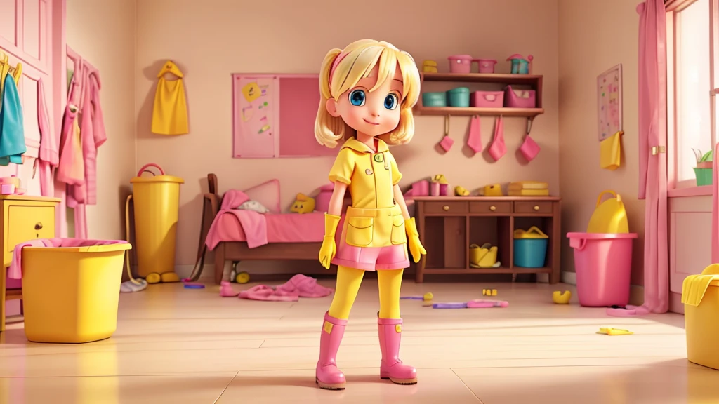a blonde girl, with yellow rubber gloves and pink galoshes, is ready to start cleaning.