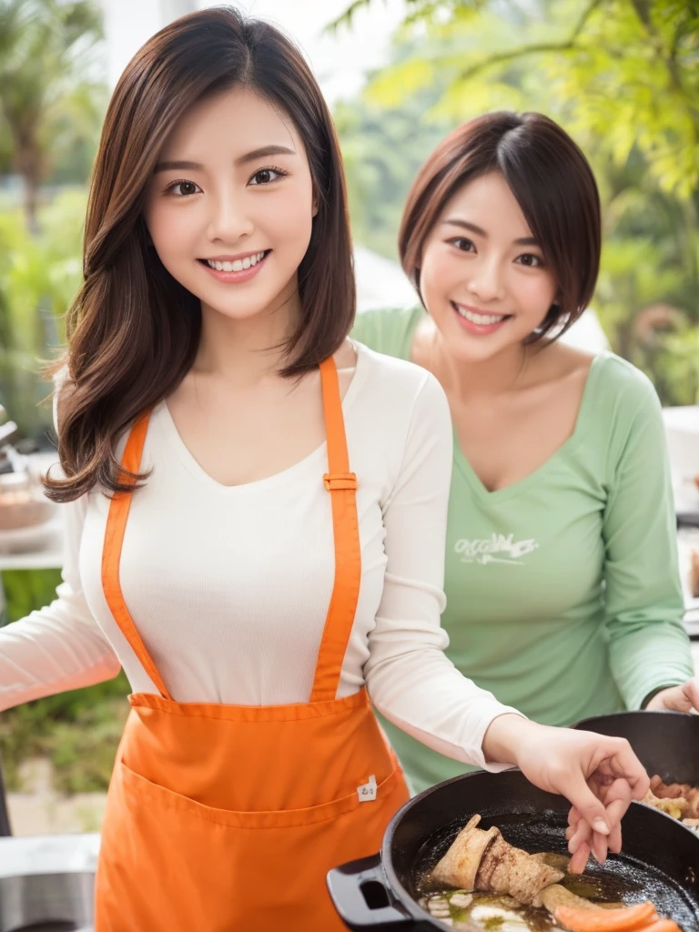 Two gentle and virtuous Chinese、Singapore、Japanese super beauty、short hair、Cooking in the forest，There is a stream next to it，Wearing an orange apron，Wear a V-neck long-sleeved T-shirt inside，Holding up the spatula，Cooking，Beautiful woman showing charming smile、White Teeth，Makes women and men like it very much，Big breasts、Double eyelids，Focus、Ultra high definition，Proportionate body，Fair skin，Perfect shape of every body part，Require flawless work