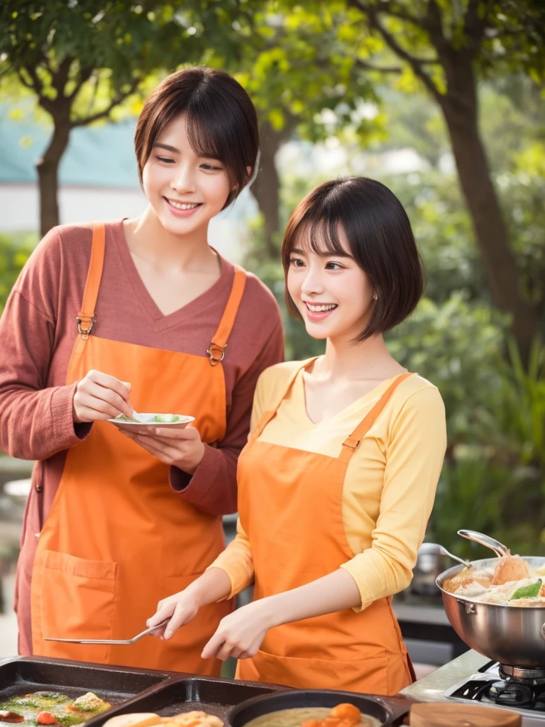 Two gentle and virtuous Chinese、Singapore、Japanese super beauty、short hair、Cooking over a fire by a clear stream,They are very happy、Wearing an orange apron,Wear a V-neck long-sleeved T-shirt inside,Holding up the spatula,Cooking,Beautiful woman showing charming smile、White Teeth,Makes women and men like it very much,Big breasts、Double eyelids,Focus、Ultra high definition,Proportionate body,Fair skin,Perfect shape of every body part,Require flawless work