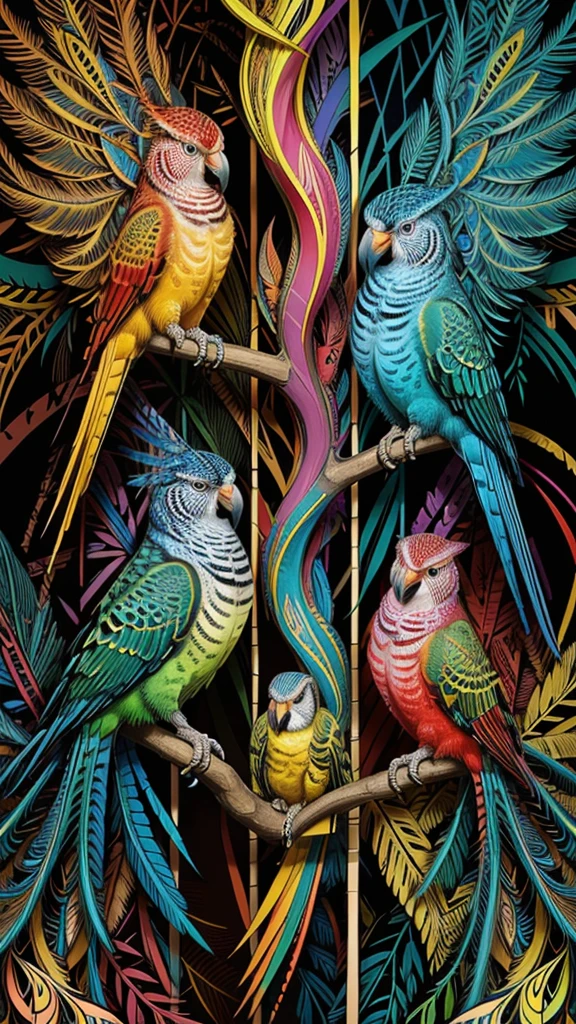 "Create an image of several birds, using vibrant colors and abstract patterns. The image must include a diversity of species, like parrots, Peacocks, hummingbirds, owls and eagles, all stylized with geometric shapes and psychedelic patterns. Use an intense and contrasting color palette, like red, Blue, greens, yellows and purples, to highlight each bird's unique feathers and features. The composition must be harmonious and fluid, with birds flying or perched on artistically designed branches, interacting in a surreal and fascinating way. The image must convey a feeling of freedom and beauty, capturing the graceful and colorful essence of these birds through a unique and impactful visual style."