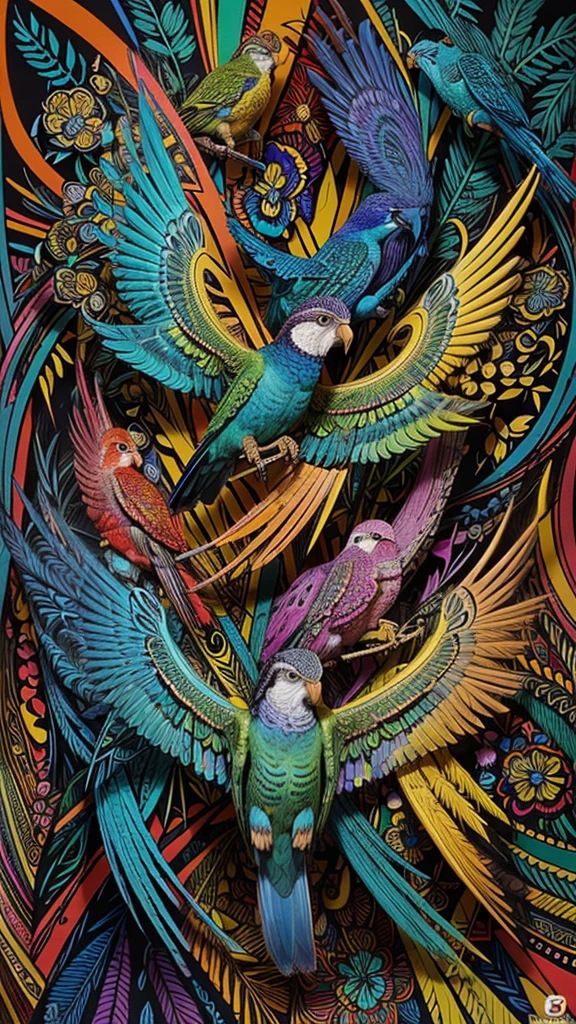 "Create an image of several birds, using vibrant colors and abstract patterns. The image must include a diversity of species, like parrots, Peacocks, hummingbirds, owls and eagles, all stylized with geometric shapes and psychedelic patterns. Use an intense and contrasting color palette, like red, Blue, greens, yellows and purples, to highlight each bird's unique feathers and features. The composition must be harmonious and fluid, with birds flying or perched on artistically designed branches, interacting in a surreal and fascinating way. The image must convey a feeling of freedom and beauty, capturing the graceful and colorful essence of these birds through a unique and impactful visual style."