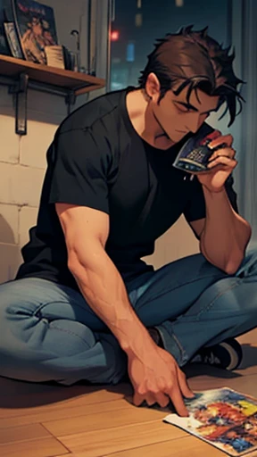 on a night in a large metropolis, a man, his name is lucas, he has dark hair, wears a black t-shirt and jeans is feeding a person who is sitting on the floor comic book illustration