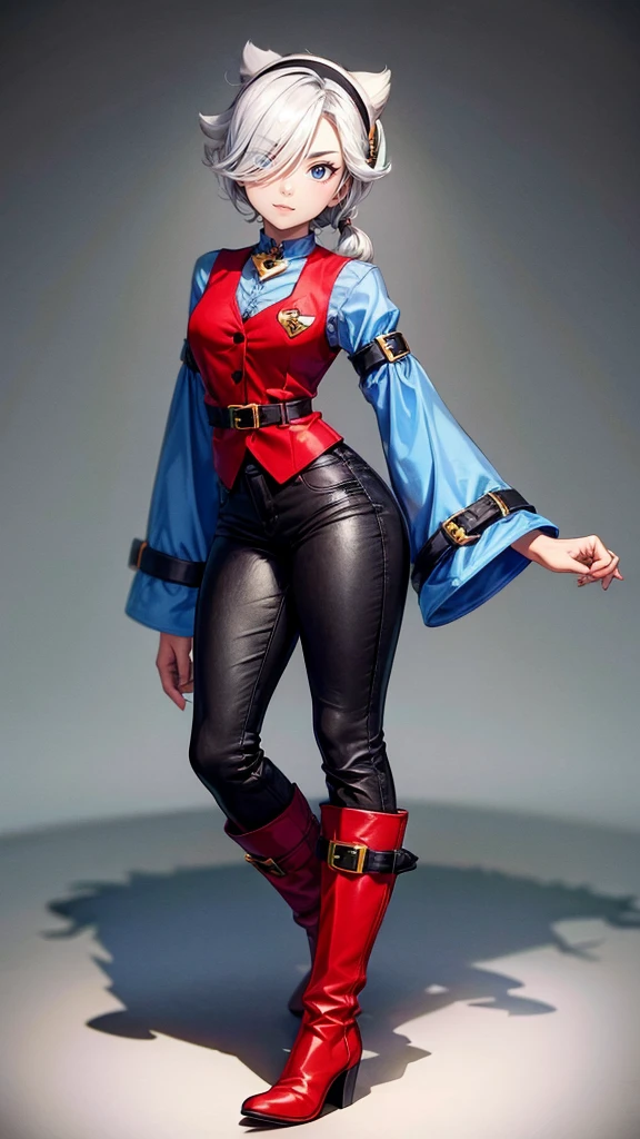 colettedef, sharp teeth, hair over one eye, hairband, blue shirt, long sleeves, red vest, pants, boots, black boots