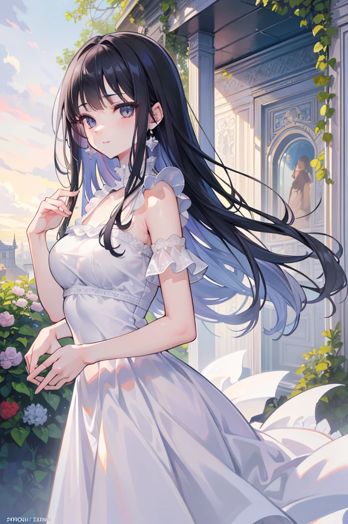 (masterpiece),(Top quality),(Extremely detailed),(high resolution),(8K Animation),(Beautiful and delicate face),(Beautiful and delicate eyes),(Anatomically correct),(Keep your head small),1 Girl,Black Hair,curls,(Big round eyes),Bangs,[Lavender-colored eyes:(blue eyes):0.55],A gentle smile,White Dress,(Garden),Soft sunlight,Tea 