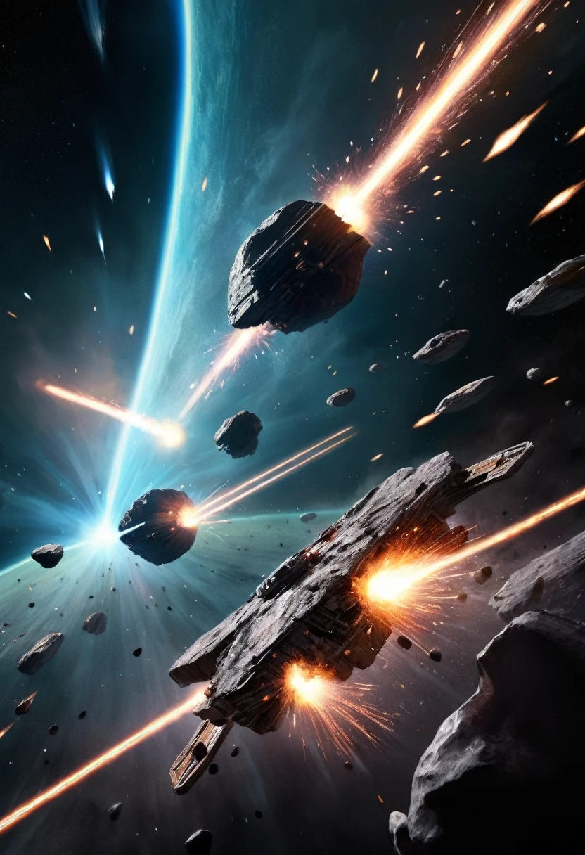 (Space War), sci-fi style, two massive interstellar fleets fiercely engage in a firefight on the planet's orbit, with laser beams and explosions piercing through the dark space. The exploding flames reflect the details of the battleship's steel shell, with a background of starry sky and planets, (panoramic view), award-winning, cinematic still, emotional, vignette, dynamic, vivid, (masterpiece, best quality, Professional, perfect composition, very aesthetic, absurdres, ultra-detailed, intricate details:1.3)