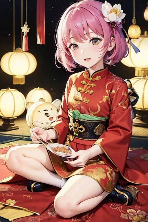 Highest quality、masterpiece、Super detailed、girl1name、Young children、Chinese style、Illuminated by the summer sun、lotusの池のふもとで、Chinese clothing、Lotus flower、lotus、Pink Dress、Red color cloth button、Green outerwear、Gold Patterned Jacket、lotusの絵、Floral ornament、Golden ribbon、Chinese styleの靴、Colorful shoes、Cloth shoes、Strap shoes、Short Hair、lotusの花の髪飾り、Pink Hair