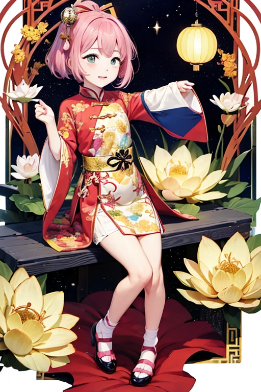 Highest quality、masterpiece、Super detailed、girl１name、、Chinese style、Illuminated by the summer sun、lotusの池のふもとで、Chinese clothing、Lotus flower、lotus、Pink Dress、Red color cloth button、Green outerwear、Gold Patterned Jacket、lotusの絵、Floral ornament、Golden ribbon、Chinese styleの靴、Colorful shoes、Cloth shoes、Strap shoes、Short Hair、lotusの花の髪飾り、Pink Hair