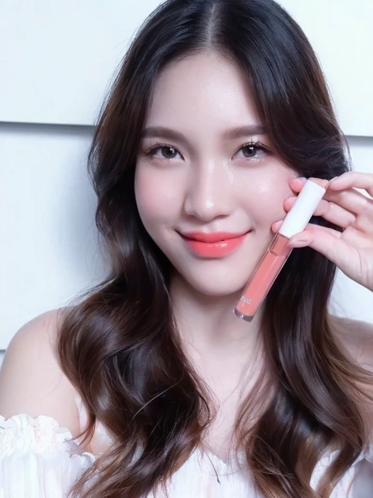 woman holding a lip bale in front of her face, lipgloss, putting on lipgloss, coral lipstick, eora, (light orange mist), 8k)), Use the original lipstick, do not render lipstick, cool and bright tint, glowing peach face