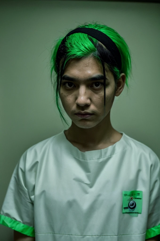 fluorescent green hair, Very short ponytail tied down , black eye, severe dark circles , droopy eyes, droopy eyes, offender , hospital patient clothes, psychopath , experiment , experiment체 ,Timid , dependent , heartless , night background , dark , Hikikomori , genderless , masculine , boy , man , Man , man 캐릭터 , unhappy , pitiful , pitiful , pale skin , man , man , man
