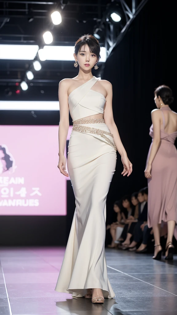 Korean women, so beautiful, Perfect Face, Very short hair, She is a model,Walking down the catwalk in a gorgeous outfit at Paris Fashion Week, Wear expensive earrings, perfect full body, She is photographed
