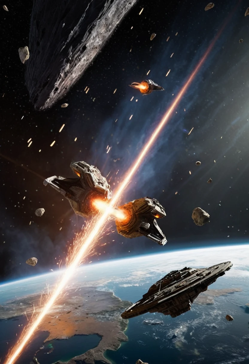 (Space War), sci-fi style, two massive interstellar fleets fiercely engage in a firefight on the planet's orbit, with laser beams and explosions piercing through the dark space. The exploding flames reflect the details of the battleship's steel shell, with a background of starry sky and planets, (panoramic view), award-winning, cinematic still, emotional, vignette, dynamic, vivid, (masterpiece, best quality, Professional, perfect composition, very aesthetic, absurdres, ultra-detailed, intricate details:1.3)