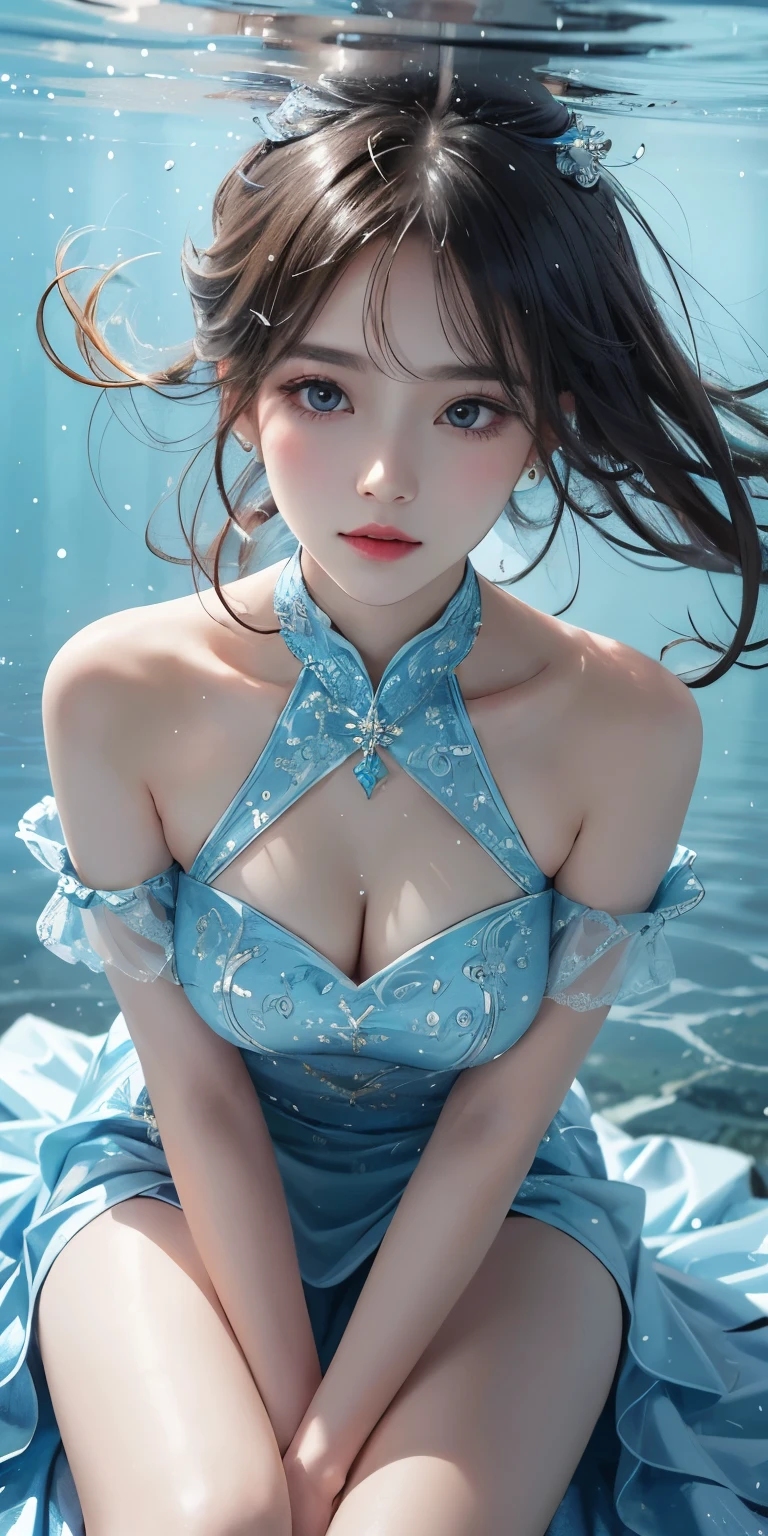 Cute Girl Clothes 6,Printed dress, (Hit the knee) Highest quality，masterpiece，Ultra-high resolution，Clear Face,（realism：1.4），RAW Photos，Cold Light，Woman in transparent dress underwater，Wallpaper Anime Blue Water，Gurwitz-style artwork，Close-up fantasy of the magic of water，author：Yang Jie，Gurwitz，Beautiful artistic illustration，Water nymph，Beautiful digital art，Beautiful digital illustrations，Lee Song，Beautiful anime portraits，Bull&#39;Art Style