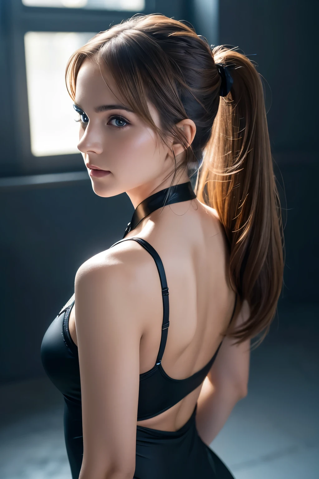 Close-up of a woman with a ponytail and a black dress, Emma Watson wearing fancy fish, Emma Watson, photo of Emma Watson in swimsuit, Emma Watson wearing a swimsuit, Emma!! Watson!!, photo of Emma Watson, of Emma Watson, Emma Watson as driada, face of Emma Watson, Emma Watson as blond aphrodite, clear portrait of Emma Watson, {{{{{{{(masterpiece, .CG:1.4),(8k raw photo, Highest quality, masterpiece:1.2) Very detailed official art,photoRealistic:1.37, (Extraordinary, Professional),masterpiece,Highest quality,Super detailed,High resolution,High resolution,4K,4Kportrait,8k,8kportrait,unity8kwallpaper,Very detailedCG,Realistic,RAW Photos,Real person,Portrait Photography,photoRealistic,Glowing Skin,Detailed skin,(((Dynamic Angle Full Body
 Dynamic Angle Wide Shot
 Dynamic Angle Close-up
 Dynamic Angle Upper Body
 Dynamic angle from above
 And dynamic angles from behind
 And dynamic angles from below
 ))),{{{{Supermodel }}}},{{{{PhotoRealistic:1.4}}}}, Beautiful details, Very detailed eyes and face, Beautiful details eyes, Ridiculous, incredibly Ridiculous, Very detailed, High resolution, Very detailed, Highest quality, masterpiece, figure, Very detailed, CG, Unified, 8k wallpaper, wonderful, The finer details, masterpiece, Highest quality, Very detailed CG Unified 8k wallpaper, Face Light, Cinema Lighting,surRealistic female portrait, Magic Light, 32K resolution, Action pose, Realistic photography, Dynamic Lighting, Art Station, Volumetric Lighting, Very detailed face, Awards, Shadow}}}}}}}