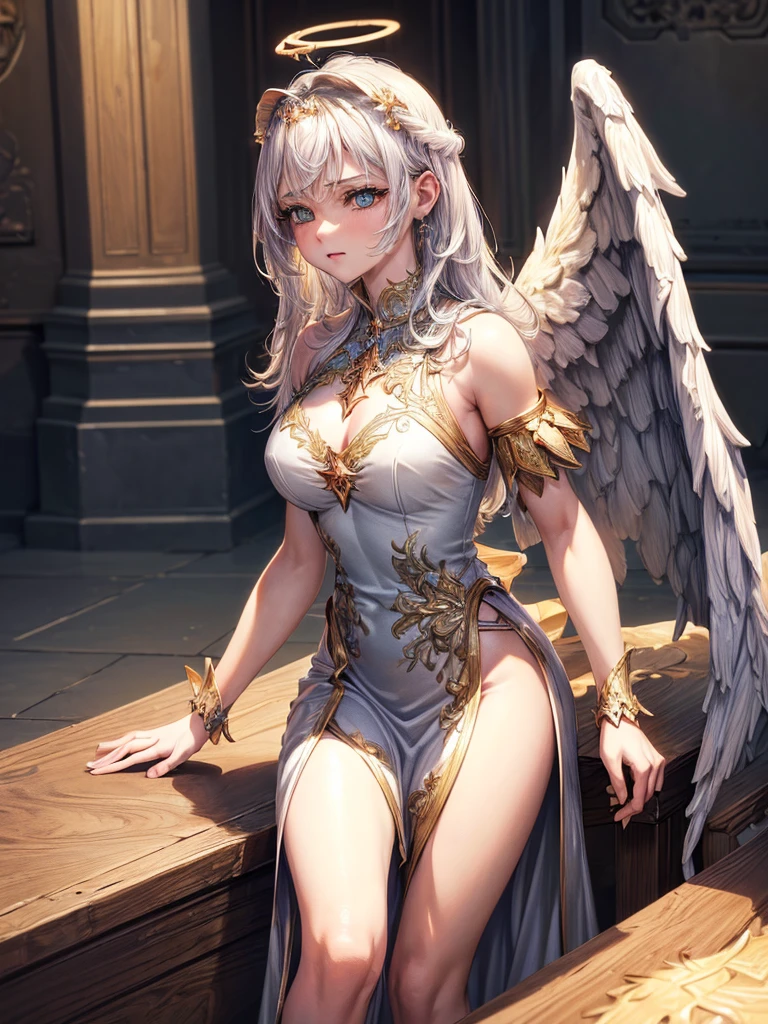 ((best quality)),(Ultra-high resolution),(Super detailed),(Detailed description),((Best CG))(Fantasy art with precise details:1.5), European classical long dress，(1 Female Angel:1.6),Angel Wings，side，Injuried，Blood，，Serious expression