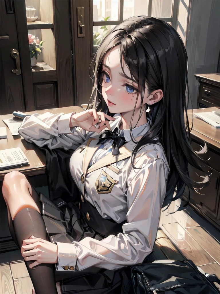 absurdres, RAW photo, extremely delicate and beautiful, masterpiece, Best Quality, ultra high resolution, 32k, hyperrealistic, ultra-detailed, in her 20s, delicate facial features, tearful mole, earring, medium breasts, full body shot, shorter middle hair, black hair, school_uniform, blazer,