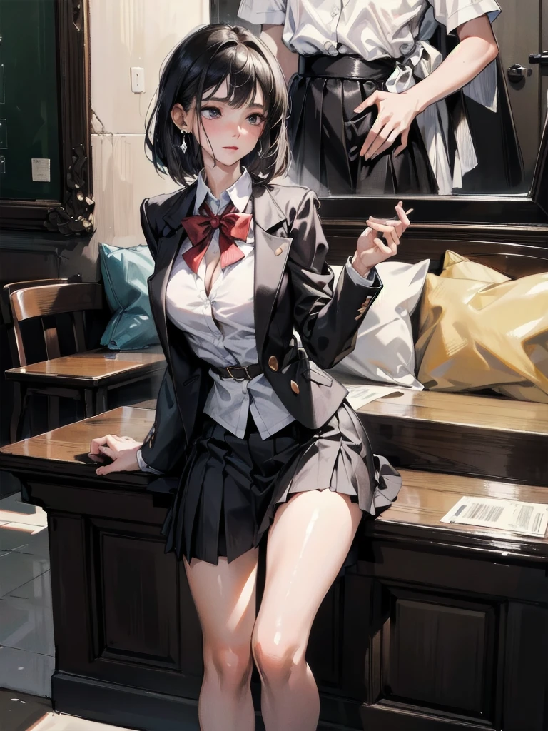 absurdres, RAW photo, extremely delicate and beautiful, masterpiece, Best Quality, ultra high resolution, 32k, hyperrealistic, ultra-detailed, in her 20s, delicate facial features, tearful mole, earring, medium breasts, full body shot, shorter middle hair, black hair, school_uniform, blazer,