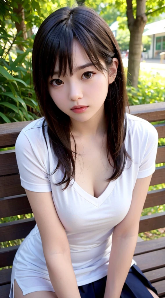(masterpiece, Highest quality:1.2), 8K, , 85mm, Official Art, RAW Photos, Absurd, White dress shirt, Pretty face, close, Upper Body, Violet, Gardenias, beautiful girl, , (Navy Pleated Skirt:1.1), Narrow waist, Thighs, Short sleeve, Forest Park, sit on bench seat, No makeup, (smile:0.4), Film Grain, Color Difference, Sharp focus, Face Light, Bright lighting, Teen Uncenso Detailed face, Bokeh Background, (Dark red tie:1.1)