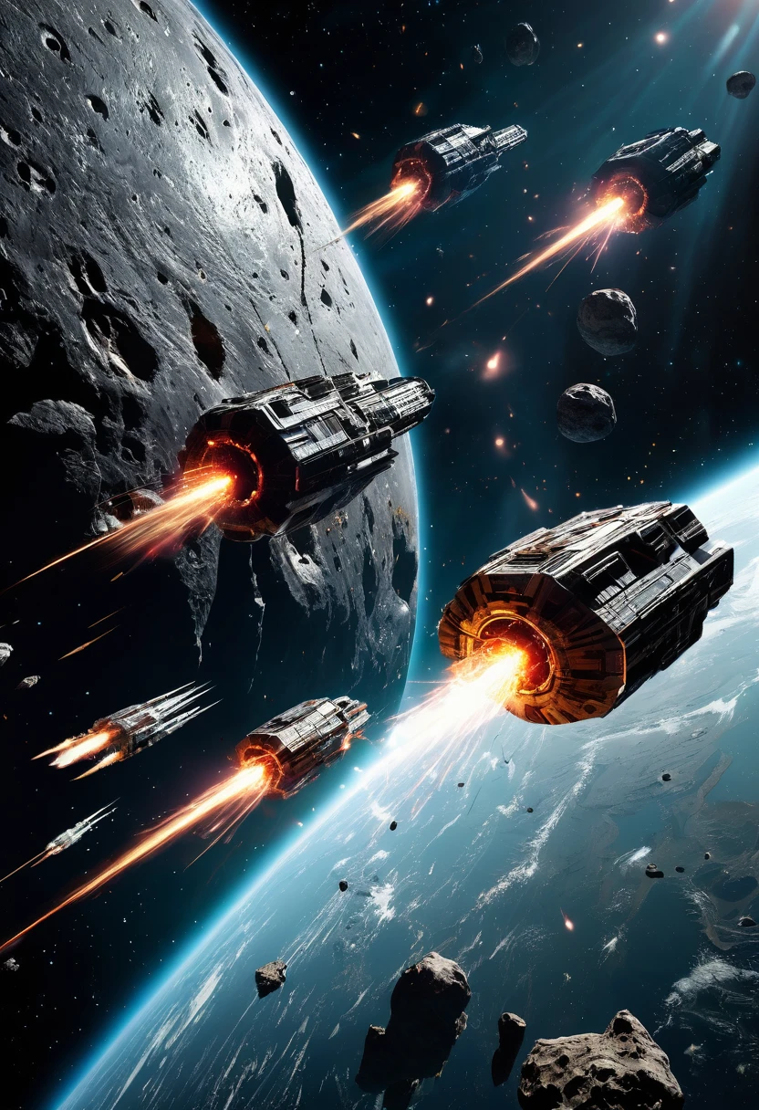 (Space War), sci-fi style, two massive interstellar fleets fiercely engage in a firefight on the planet's orbit, with laser beams and explosions piercing through the dark space. The exploding flames reflect the details of the battleship's steel shell, with a background of starry sky and planets, (panoramic view), award-winning, cinematic still, emotional, vignette, dynamic, vivid, (masterpiece, best quality, Professional, perfect composition, very aesthetic, absurdres, ultra-detailed, intricate details:1.3)